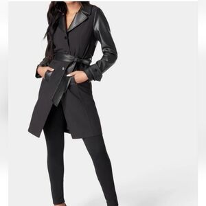 NWT Vegan Leather Combo Woven Twill Trench Coat, SZ M